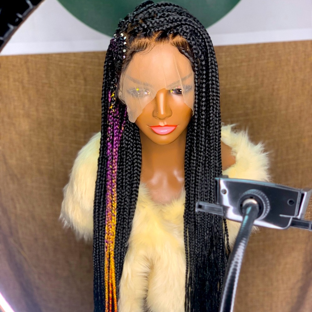 Trendy 2025Full transparent lace 14” straight human hair wig 32” braided